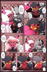 angry anthro argument blush breast_smother breast_squish breasts canid canid_demon canine clothing comic demon english_text female female/female gatojack3 group hellaverse helluva_boss hi_res humanoid imp loona_(helluva_boss) mammal millie_(helluva_boss) squish succubus text tight_clothing trio verosika_mayday_(helluva_boss)