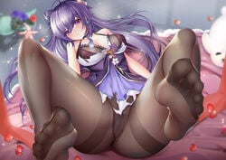 1girls blush breasts cameltoe crotch feet genshin_impact keqing_(genshin_impact) purple_eyes purple_hair revealing_clothes sanhualishuwu soles thick_thighs thighs tight_clothing toes twintails