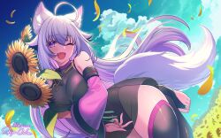 :d absurdres ahoge animal_ear_fluff animal_ears bell_sleeves black_leotard black_thighhighs blue_sky breasts cat_ears cat_girl cat_tail cloud colored_inner_hair commission detached_sleeves feet female field flower flower_field fluffy_tail gold_necklace happy highres holding holding_flower indie_virtual_youtuber jewelry kamoi3ka5 large_breasts leotard long_hair looking_at_viewer multicolored_hair necklace oerba_yun_fang one_eye_closed outdoors petals pink_sleeves purple_eyes ring ring_necklace second-party_source see-through_clothes see-through_skirt shiyuonline skeb_commission skirt sky smile standing standing_on_one_leg stirrup_legwear sunflower sunflower_field tail thighhighs thighs toe_ring toeless_legwear toes white_hair
