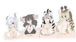 animal_print big_breasts bra breasts chapman's_zebra_(kemono_friends) flawsy hair_between_eyes hair_over_one_eye kemono_friends moose_(kemono_friends) paizuri penis reticulated_giraffe_(kemono_friends) smile tagme yak_(kemono_friends)