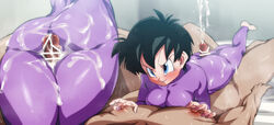 1boy 1girls ass big_ass big_breasts big_butt black_hair blue_eyes blush bodysuit breasts censor_bar censored clothed_female_nude_male cum cum_between_thighs cum_on_ass cum_on_thighs dragon_ball dragon_ball_z ejaculation faceless_male female huge_ass huge_breasts male_nipples nipples penis rom short_hair shounen_jump skin_tight skindentation smile thick_ass thick_thighs thigh_sex thighjob tight_clothing videl