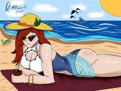 ass beach clothed clothed_female female female_only heart-shaped_eyewear laying_on_ground league_of_legends looking_over_eyewear looking_over_glasses looking_over_sunglasses miss_fortune pool_party_miss_fortune pool_party_series qiyarts sunglasses tagme thick_ass tinted_eyewear