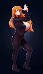 1girls big_breasts blush breasts curvy_figure female female_only human joylewds large_breasts latex_suit nami one_piece orange_eyes orange_hair standing thick_thighs thighs