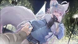:d ahoge animal_ear_fluff animal_ears bare_shoulders blue_nails blue_ribbon blue_scarf blue_skirt blue_sweater blush breasts cat_ears cat_girl cat_tail christmas christmas_lights christmas_tree city colored_inner_hair colored_tips commission dating female fishnet_pantyhose fishnets fluffy_clothes fluffy_tail glitter_nails hair_ribbon hand_on_own_chest highres holding_hands indie_virtual_youtuber large_breasts long_hair looking_at_viewer multicolored_hair night outdoors outstretched_hand pantyhose park pleated_skirt pov pulling_arm purple_eyes ribbon ritdelba scarf shirt shiyuonline skirt sky smile sweater tail tree virtual_youtuber white_hair white_shirt winter winter_clothes