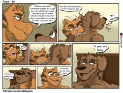 aggressive anthro bite bite_mark blake_dog blush bondage brown_body brown_fur canid canine canis chasity comic cougar domestic_cat domestic_dog duo english_text eyebrows felid feline felis fur hi_res hyena male male/male mammal muscular orange_body orange_fur sex text tony_cat zabby_arts