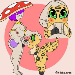 anthro blush breasts duo elemental_creature fellatio female fungi_fauna fungus gecko genitals green_eyes grey_body hair hi_res intersex intersex/female lizard mushroom_cap oral penile penis potion purple_hair reptile scalie sex short_stack tibbs yellow_body