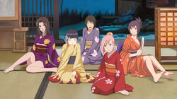 5girls age_difference alternate_costume alternate_hairstyle arm_support artist_request bare_shoulders big_breasts black_hair blue_hair blush breasts cleavage closed_eyes clothed_female fan fanning feet female female_only flower flower_in_hair grin hair_bun hair_ornament haruno_sakura holding_object hyuuga_hinata hyuuga_hinata(genin) indoors kimono kneeling kurenai_yuhi light-skinned_female light_skin lipstick long_hair looking_at_viewer makeup mitarashi_anko multiple_girls naruto naruto_(classic) naruto_(series) no_bra no_shoes no_socks older older_female on_floor paipan pale-skinned_female pale_skin pink_hair ponytail purple_hair sakura_haruno seiza shizune short_hair shounen_jump sitting sliding_doors tied_hair toes young younger_female yukata yuuhi_kurenai