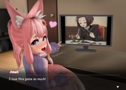 1girls 3d 3d_(artwork) 4k animal_ears anime_style blush clothed_female clothing dress euphoria euphoria_(clockup) female female_focus female_only flower flower_in_hair flyingcookie fox_ears fox_girl fox_tail happy happy_female heart kemonomimi koikatsu living_room open_eyes open_mouth original original_character petite pink_eyes pink_hair pink_tail pointing ponytail rose_(flower) self_upload sfw side_braid sitting_on_bed teenager text tv visual_novel_interface watermark wholesome young