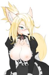 2017 anthro blush breasts canid canine caninu cleavage clothed clothing colored crunchobar cyberconnect2 edit eyewear female fur glasses hair hi_res kemono little_tail_bronx maid maid_uniform mammal merveille_million nipples partially_clothed ponytail pupils slit_pupils solatorobo solo uniform video_games yellow_fur