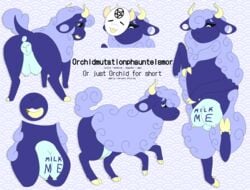 anthro bovid caprine crotchboobs ear_piercing english_text female feral fur gauged_ear hi_res hooves horn mammal mask model_sheet nipple_piercing nipples orchid_(vaporblush) pentagram piercing sheep solo tattoo text udders vaporblush wool_(fur)