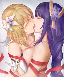 2girls adult barely_clothed big_breasts blonde_hair bondage breasts breasts_pressed_together female_only french_kiss french_kissing genshin_impact lesbian lumine_(genshin_impact) making_out multiple_girls purple_hair raiden_shogun suterisu tongue tongue_kiss tongue_out yuri