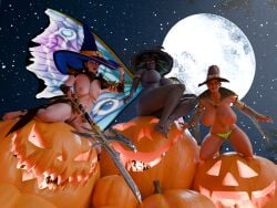 3d 3girls alarielle_the_radiant ariel_(warhammer) blender breasts_out halloween morathi nude_female pumpkin revealing_clothes sucre total_war:_warhammer warhammer_(franchise) warhammer_fantasy