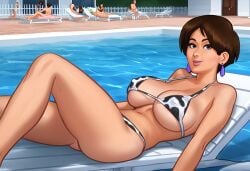 1girls 2d 2d_(artwork) ai_generated big_breasts bikini bikini_bottom bikini_top bra breasts brown_hair cleavage cow_print cow_print_bikini cow_print_bra cow_print_panties diane_(summertime_saga) digital_drawing_(artwork) digital_media_(artwork) earrings erect_nipples erect_nipples_under_clothes female female_focus female_only inflatable inflatable_toy kiwimike light-skinned_female light_skin nipples_visible_through_clothing panties pool summertime_saga thick_thighs