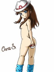 ass bad_censor brown_hair chrissanchezjustebel covering female game_freak hat leaf_(pokemon) nintendo nude pokeball pokemon socks socks_only solo solo_female