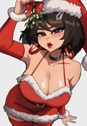 1female 1girls 2d 2d_(artwork) arm_up armwear bare_shoulders big_breasts blush blushing_at_viewer boobs_focus breast_focus breasts breasts_focus brown_eyes brown_hair brown_hair_female choker christmas christmas_clothing christmas_outfit cleavage cleavage_focus curvaceous curvy curvy_female curvy_figure earrings epic_games evie_(fortnite) eyebrows_visible_through_hair facing_viewer female female_only fortnite fortnite:_battle_royale front_view glistening glistening_breasts hair_ornament hairclip hat holding_object hoop_earrings leaning_forward legs_together legwear light-skinned_female light_skin lipstick magaska19 mistletoe neckwear pose presenting red_armwear red_clothing red_legwear red_lipstick revealing_clothes santa_hat simple_background solid_color_background solo solo_female standing thighs_together tits_focus winterfest