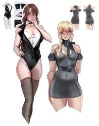 abella_(fear_and_hunger) blonde_hair brown_hair cleavage fear_and_hunger fear_and_hunger:_termina female female_only karin_(fear_and_hunger) leotard lingerie long_hair looking_at_viewer nylons solo thick_thighs thighhighs tvar_ne_spit wide_hips