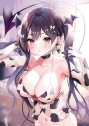 1girls ayuma_sayu big_breasts black_hair breasts choker cow_bikini cow_girl cow_print demon_girl demon_tail demon_wings lingerie midriff navel original original_character purple_eyes purple_hair revealing_clothes tight_clothing twintails