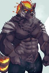 abs anthro blep clothing fire flaming_hair flaming_mane furlong_(live-a-hero) genitals hi_res hyaenid lifewonders live-a-hero male mammal muscular muscular_anthro muscular_male neck_tuft nipples pecs penis penis_base pseudo_hair pseudo_mane pubes sdeekkk solo tongue tongue_out tuft undressing video_games