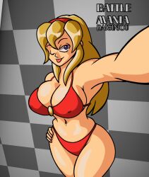 mania_ohtorii bikini selfie battle_mania sega blonde_hair blonde_female blonde winking_at_viewer simple_background big_breasts nipples_visible_through_clothing 2026 2026s red_bandana half-closed_eyes female female_only female_focus not_ai_generated 20s navel tongue_out blue_eyes