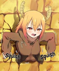 big_breasts breast_grab breast_squeeze breasts female_only imminent_guro large_breasts mayo miss_kobayashi's_dragon_maid stuck stuck_in_wall through_wall tohru_(dragon_maid)