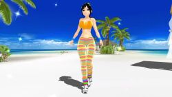 1boy 1girls 3d 3d_(artwork) aged_up ass beach black_hair breasts dancing disney female_focus micro_bikini music palm_tree ponytail ralph_breaks_the_internet sound tagme tetramundo vanellope_von_schweetz video walking wreck-it_ralph