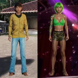 3d ai_generated before_and_after bimbo bimbofication brainwashing cleavage comparing corruption dyed_hair eri_(ryuu_ga_gotoku) gyaru kogal nightclub ryuu_ga_gotoku sole_female strip_club tan tan_body tan_lines tattoo