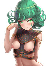 1girls alternate_costume arm_behind_back arm_up breast_cutout breasts chains closed_mouth cowboy_shot curly_hair female flipped_hair green_eyes green_hair highres jewelry looking_at_viewer midriff navel nipples one-punch_man pout sai_(abyss05) shiny shiny_hair short_green_hair short_hair simple_background small_breasts solo stomach tatsumaki white_background