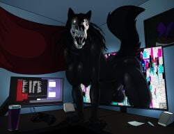 absurd_res animal_genitalia anthro balls black_body black_fur black_hair black_skin black_tongue bone breasts canid canine computer desk electronics fur furniture genitals glitch gynomorph hair hi_res intersex intersex_only looking_at_viewer mal0 malo mammal nipples nx-42 scp-1471 scp-1471-a scp_foundation sheath skull skull_head solo table tail tongue