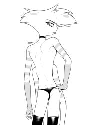 4_arms absurd_res angel_dust_(hazbin_hotel) arachnid arthropod ass choker clothing crossdressing demon enaic31 femboy flat flat_ass freckled_butt freckled_hips freckled_shoulders freckles hazbin_hotel hellaverse hi_res humanoid jewelry male monochrome multi_arm multi_limb necklace simple_background solo spider thong tongue tongue_out underwear white_background