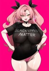 1girls ai_generated black_lives_matter blacked blush breasts choker female grin hips huge_breasts interracial light-skinned_female light_skin looking_at_viewer mihoyo nicole_demara nipples pink_hair smile sweat sweatdrop thick_thighs thighs truck-kun_art truck_kun ugly voluptuous voluptuous_female wide_hips zenless_zone_zero