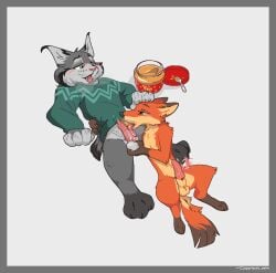 2025 absurd_res aliasing animal_genitalia animal_penis anthro aseprite_(artwork) ball_grab balls black_nose blush border bottomless canada_lynx canid canine canine_genitalia canine_penis cel_shading clothed clothing container cutlery digital_drawing_(artwork) digital_media_(artwork) digitigrade disney duo dyyrlysh ear_tuft erection feet felid feline fellatio food food_on_face fox fur genitals green_clothing green_eyes green_sweater green_topwear grey_background grey_body grey_border grey_fur half-closed_eyes hand_on_another's_head hi_res hindpaw jar kitchen_utensils knot knotted_penis licking looking_pleasured lying lynx male male/male mammal mlem_(sound_effect) narrowed_eyes nick_wilde nude on_back oral orange_body orange_fur pawbert_lynxley paws peanut_butter peanut_butter_jar peanut_butter_on_penis penile penis penis_lick pink_blush pink_penis pink_tongue red_fox sex shaded simple_background snout sound_effects spoon sweater sweater_only tail throbbing throbbing_penis tongue tongue_out tools topwear topwear_only true_fox tuft yellow_body yellow_fur zootopia