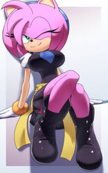 1girls alternate_outfit amy_rose anthro breasts clothing female_only green_eyes huge_breasts kojiro-brushard legs pink_fur sega short_hair solo solo_female sonic_(series) thick_thighs wink