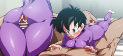 1boy 1girls ass big_ass big_breasts big_butt black_hair blue_eyes blush bodysuit breasts bubble_butt censor_bar censored clothed_female_nude_male dragon_ball dragon_ball_z faceless_male favorite female femdom huge_ass huge_breasts male_nipples nipples penis rom short_hair shounen_jump skin_tight skindentation smile thick_ass thigh_sex thighjob tight_clothing videl