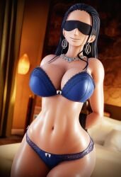 ai_generated arms_tied_behind_back bedroom big_breasts black_hair blindfold blindfolded blindfolded_female blue_bra blue_eyes blue_panties bondage cleavage female female_only hourglass_figure jewelry lace_trim lingerie lingerie_only long_hair mature_female nico_robin one_piece robinsrevival smiling wet_body