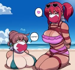 2girls alternate_version arms_behind_back beach beach_background big_breasts bikini bondage bound breasts buried_in_sand female female_only femsub gag gagged gagged_speech horny_female huge_breasts jam-orbital layered_gag lily_(bondage_lily) multiple_females multiple_girls multiple_subs original red_hair rose_(jam-orbital) sand speech_bubble stuck stuck_in_floor summer sunglasses sunglasses_on_head tanline tied wink winking_at_viewer