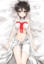 1girls black_hair breasts clothed clothing female female_only genderswap_(mtf) high-angle_view kirito kirito_(sao-ggo) laying_on_back laying_on_bed long_ears looking_at_viewer makio_(husutoreizi730) on_back red_ribbon ribbon rule_63 short_hair solo staring staring_at_viewer sword_art_online tummy very_short_hair white_dress