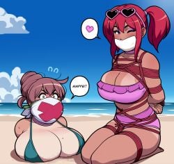 2girls alternate_version arms_behind_back beach beach_background big_breasts bikini bondage bound breasts buried_in_sand female female_only femsub gag gagged gagged_speech horny_female huge_breasts jam-orbital layered_gag lily_(bondage_lily) multiple_females multiple_girls multiple_subs original red_hair rose_(jam-orbital) sand speech_bubble stuck stuck_in_floor summer sunglasses sunglasses_on_head tanline tape_gag tied wink winking_at_viewer
