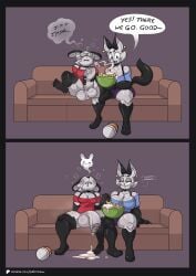 balls breasts bunny cabbit chips_(food) cock comedy couch couch_sitting cum cum_eating dipping_sauce hybrid ippa_(ipskrimson) ippy_(ipskrimson) ipskrimson