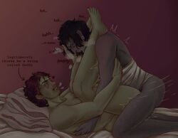 2boys bed coat_guy_(no,_i'm_not_a_human) english_text gay gay_sex holding_partner legs_up male male/male male_only male_penetrating_male missionary_position moaning mommy_kink no,_i'm_not_a_human text thrust_lines thrusting wireface_(no,_i'm_not_a_human) yaoi