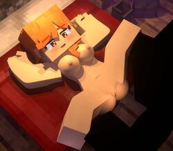 1girls 3d alex_(minecraft) arms_above_head ass bare_arms bare_shoulders barefoot bed bedroom beveledblock big_breasts bottomless breasts female female_only happy heart heart-shaped_pupils imminent_sex laying_down laying_on_back laying_on_bed mine-imator minecraft missionary_position nude nude_female open_mouth original_character pussy smile solo solo_female spread_legs square_body topless