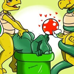 anthro ass big_breasts big_butt blush breasts elemental_creature eyeless fellatio female flora_fauna green_body green_nipples group heart_symbol hi_res huge_breasts huge_butt koopa koopa_troopa male male/female mario_(series) mario_bros nintendo nipples oral penetration penile pipe piranha_plant plant reptile scalie sex tibbs trio turtle yellow_body