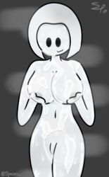 1girls anthro black_eyes cum cum_on_body cum_on_breasts cum_on_legs cum_on_lower_body cum_on_thighs cum_outside female female_only ghost grey_background huge_breasts logo monochrome see_through see_through_skin shiny_skin solo spunow_ sweat thin watermark wet wet_skin white_skin