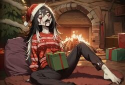1girls ai_generated black_hair bleeding blood christmas christmas_outfit christmas_tree clothed clothing dead_eyes female grey_skin holidays horror horror_(theme) long_hair monster_girl original original_character paigen saliva sharp_nails sharp_teeth sharp_toenails skinny small_breasts two-tone_hair undead white_eyes white_hair zoey_(paigen) zombie zombie_girl