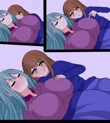 2021 2girls 3koma :o :q animated asami_(the_only_shoe) bed bed_sheet blue_clothing blush breast_envy breast_fondling breast_play breathing brown_hair closed_eyes clothing comic curious eyebrows_visible_through_hair female female_only female_pervert fondling green_hair hair_between_eyes highres huge_breasts long_ears looking_at_another looking_at_breasts lying multiple_girls on_back original pajamas poking purple_clothing rezu_(the_only_shoe) sleep_molestation sleeping smile sneaky_breast_grab sneaky_pervert sneaky_pervert_woman the_only_shoe tongue tongue_out wavy_mouth yellow_eyes yuri