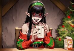 1girls ai_generated black_hair black_sclera breasts choker christmas christmas_outfit christmas_tree clothed clothing fangs female glowing_eyes hair_band hime_cut holidays horror horror_(theme) long_hair looking_at_viewer medium_breasts monster_girl original original_character paigen pointy_ears red_eyes shadow_over_eyes sharp_nails sharp_teeth undead vampire vampire_fangs vampire_girl vasilica_(paigen)