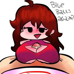 blush blushing boyfriend_(friday_night_funkin) breasts female friday_night_funkin girlfriend_(friday_night_funkin) huge_breasts outercourse paizuri pov red_dress thigh_titjob unknown_artist