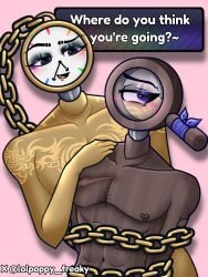 2boys abs blush body_hair chains chest_hair chest_tattoo dandy's_world dialogue dyle_(dandy's_world) gay male_only naked_male pink_background rodger_(dandy's_world) text
