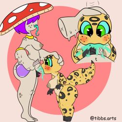 anthro blush bodily_fluids breasts cum cum_in_mouth cum_inside duo ejaculation elemental_creature fellatio female fungi_fauna fungus gecko genital_fluids genitals green_eyes grey_body hair hi_res intersex intersex/female lizard mushroom_cap oral penile penis potion purple_hair reptile scalie sex short_stack tibbs yellow_body