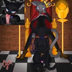 anal anal_sex anthro black_body black_fur blue_eyes bodily_fluids boots buttplug buttplug_in_ass buttplug_insertion chair checkered checkered_floor clothed clothed_male clothing crown cybeeyoru domestic_cat dominant dominant_male duo felid feline felis footwear fur furniture genital_fluids genitals grey_body grey_fur headgear hi_res king leaking_precum licking male male/male male_only mammal mantle melanistic nude nude_male object_in_ass on_chair oral orange_stripes pantherine penetration penile penis penis_lick plug_(sex_toy) plug_insertion precum purple_eyes royalty sex sex_toy sex_toy_in_ass sex_toy_insertion shoes sitting sitting_on_chair stripes submissive submissive_male tail throne tongue torch