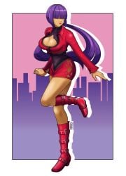 android ankle_boots artist_name belt_boots big_breasts boots breasts capcom cleavage cleavage_cutout clothing_cutout commentary cosplay deniacp english_commentary female full_body gradient_background hair_over_eyes high_heel_boots high_heels highres jacket king_of_fighters large_breasts layer leg_up lipstick long_hair looking_at_viewer makeup mega_man mega_man_x miniskirt mole mole_under_eye orochi_shermie orochi_shermie_(cosplay) pink_background ponytail purple_background purple_hair red_boots red_jacket red_lips red_skirt robot robot_girl shermie_(cosplay) shermie_(kof) shermie_(kof)_(cosplay) sidelocks skirt snk solo standing standing_on_one_leg turtleneck underbust